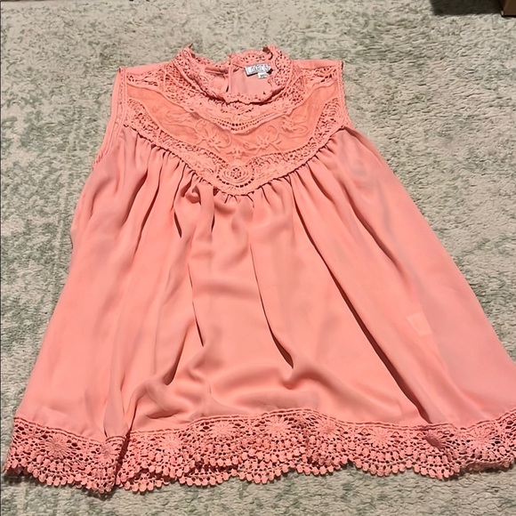 Darling Tops - Darling Lace Trim Sleeveless Blouse in Coral